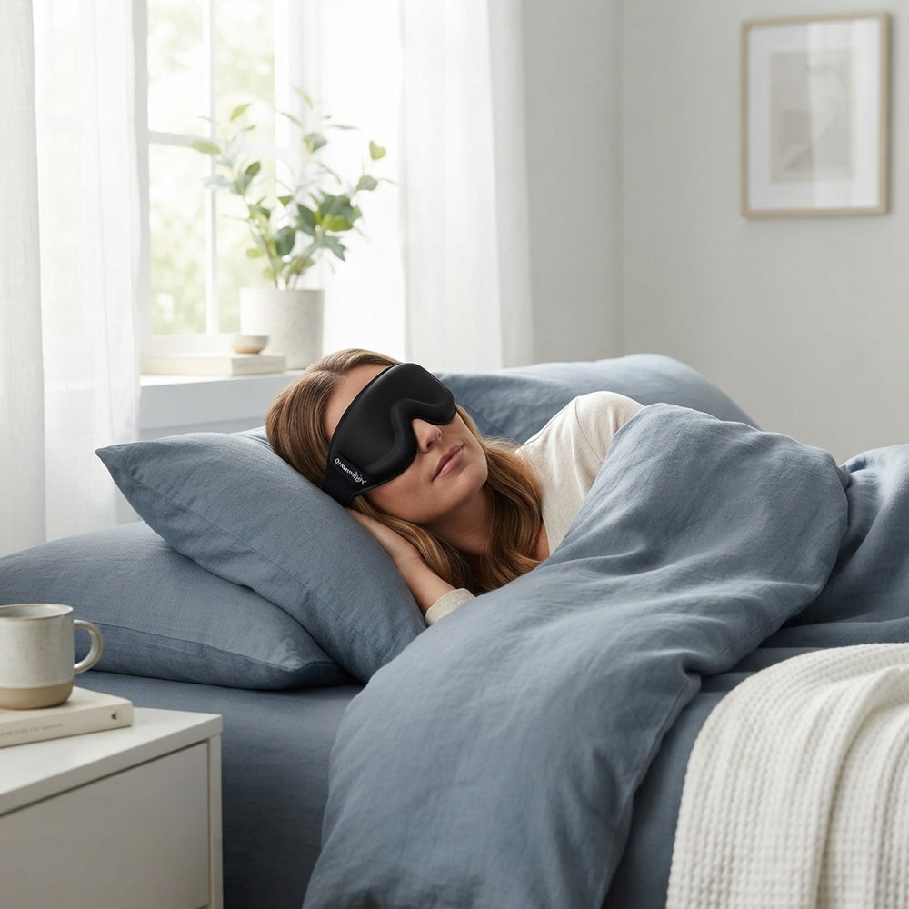 A woman wearing a black 3D contoured eye mask while resting comfortably in a bedroom with blue-toned bedding.