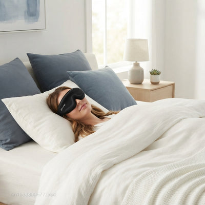 A person sleeping peacefully in a modern bedroom wearing a black 3D contoured sleep mask, surrounded by slate blue and white 