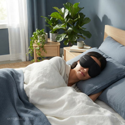 A person wearing a 3D contoured sleep mask while resting comfortably in a modern, sunlit bedroom with blue and white decor.